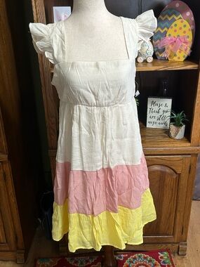 As U Wish Cream Pink Yellow Tiered Mini Dress